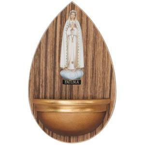 Holy water font in wood with Our Lady of Fatimá