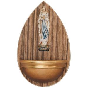 Holy water font in wood with Our Lady of Lourdes