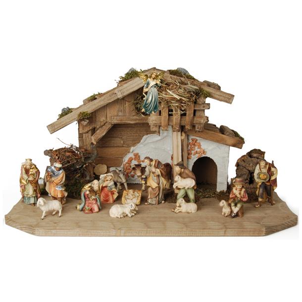 Peace Nativity scene set with 14 figures and shed - color
