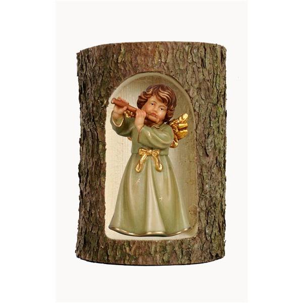 Bell angel, stand. with flute in a tree trunk - color