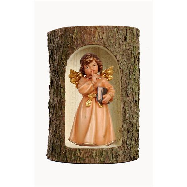 Bell angel, stand. with book in a tree trunk - color