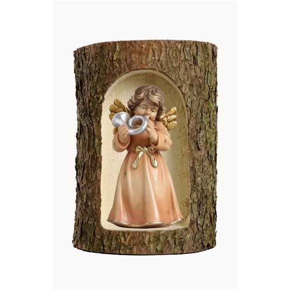Bell angel, stand. with horn in a tree trunk - color