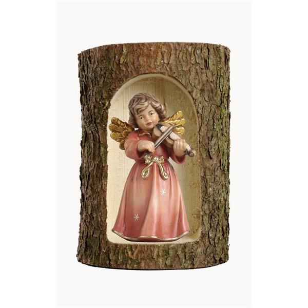 Bell angel, stand. with violin in a tree trunk - color