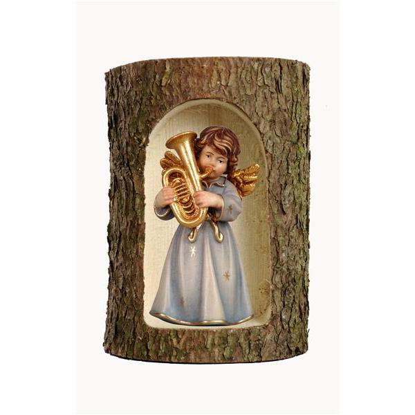 Bell angel, stand. with tuba in a tree trunk - color