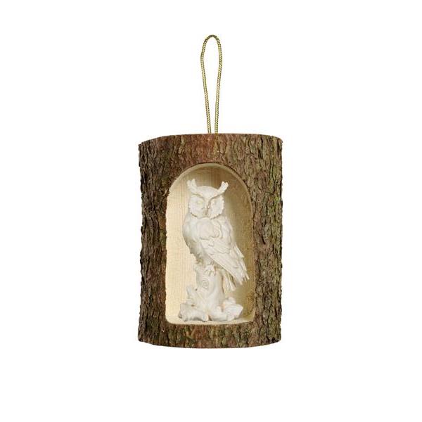 Owl on tree trunk+tree trunk hang. - natural