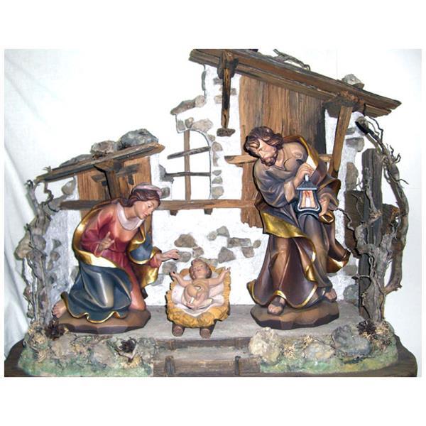 nativity group in antique wood stable - antique gold leaf