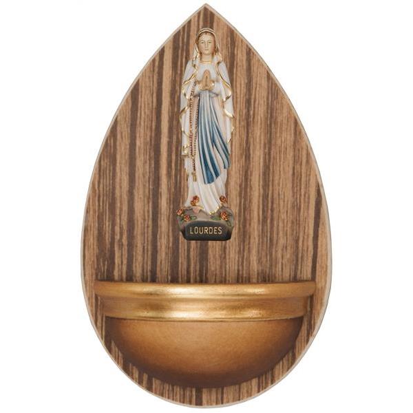 Holy water font in wood with Our Lady of Lourdes - color