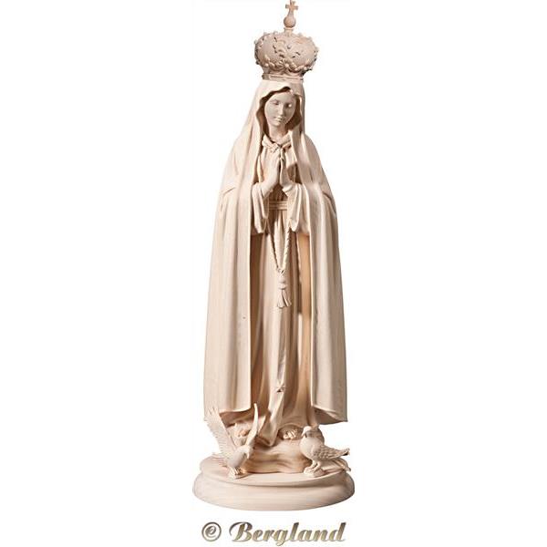 Our Lady of Fatima with wooden crown and pigeons - natural