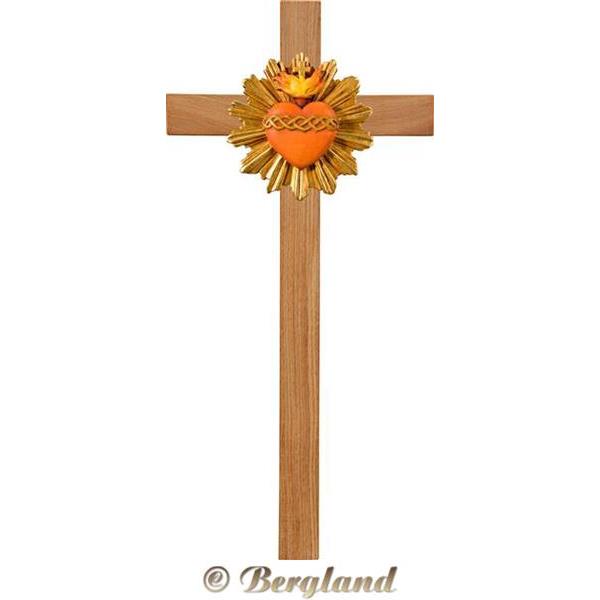 Sacred Heart of Jesus with halo on oak cross - color
