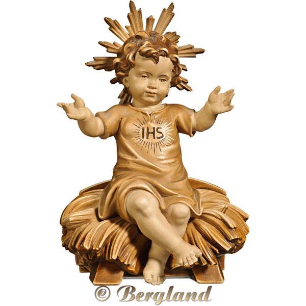 Jesus Child clothed "IHS" sitting with cradle - hued multicolor